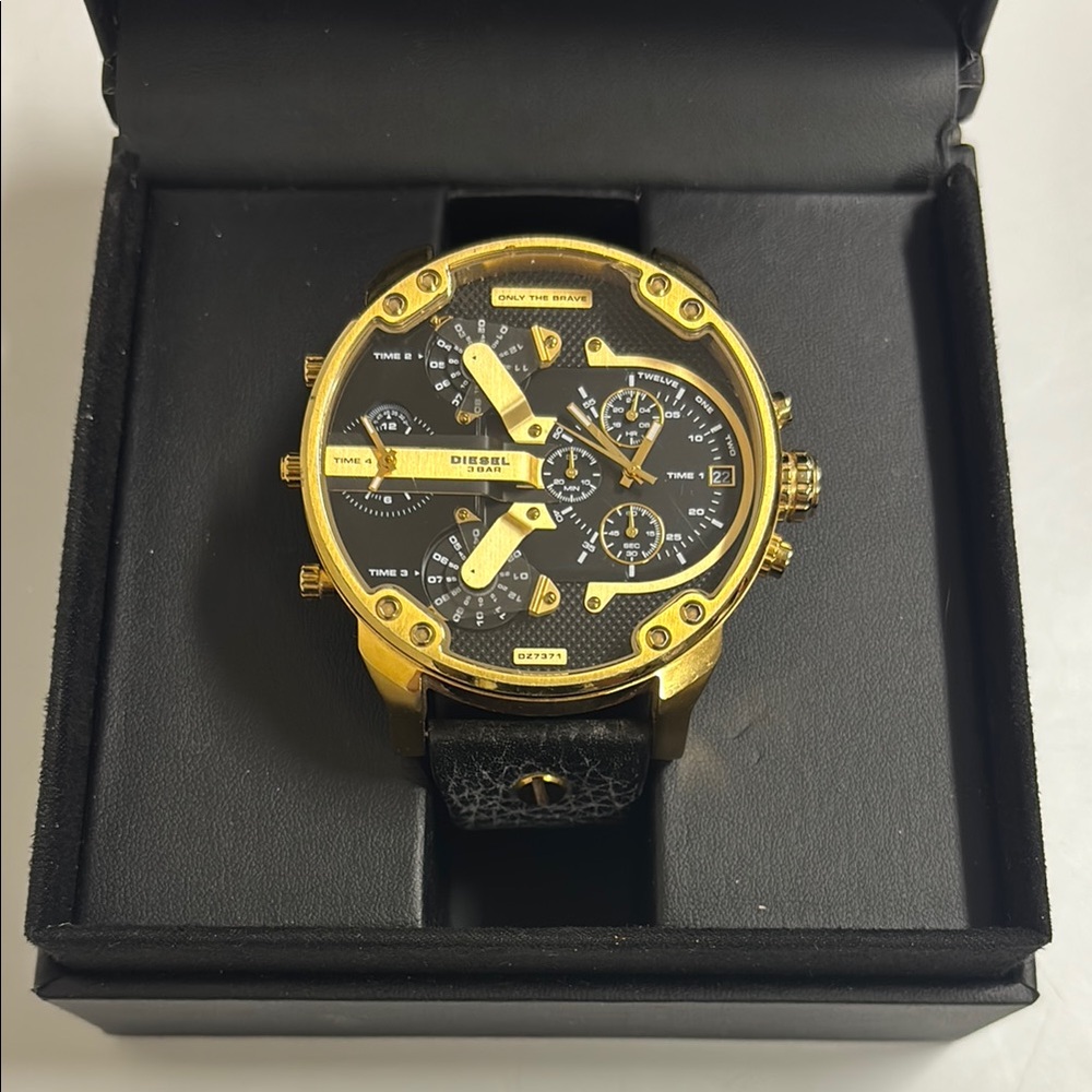 Diesel Only The Brave 3 Bar DZ-7371 Men’s Watch Black & Gold W/ Leather Band